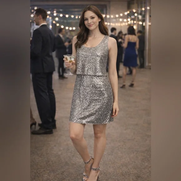 Laundry Shelli Segal Silver Shift Sequined Cocktail Event Dress M 6 Old Money - Picture 13 of 13